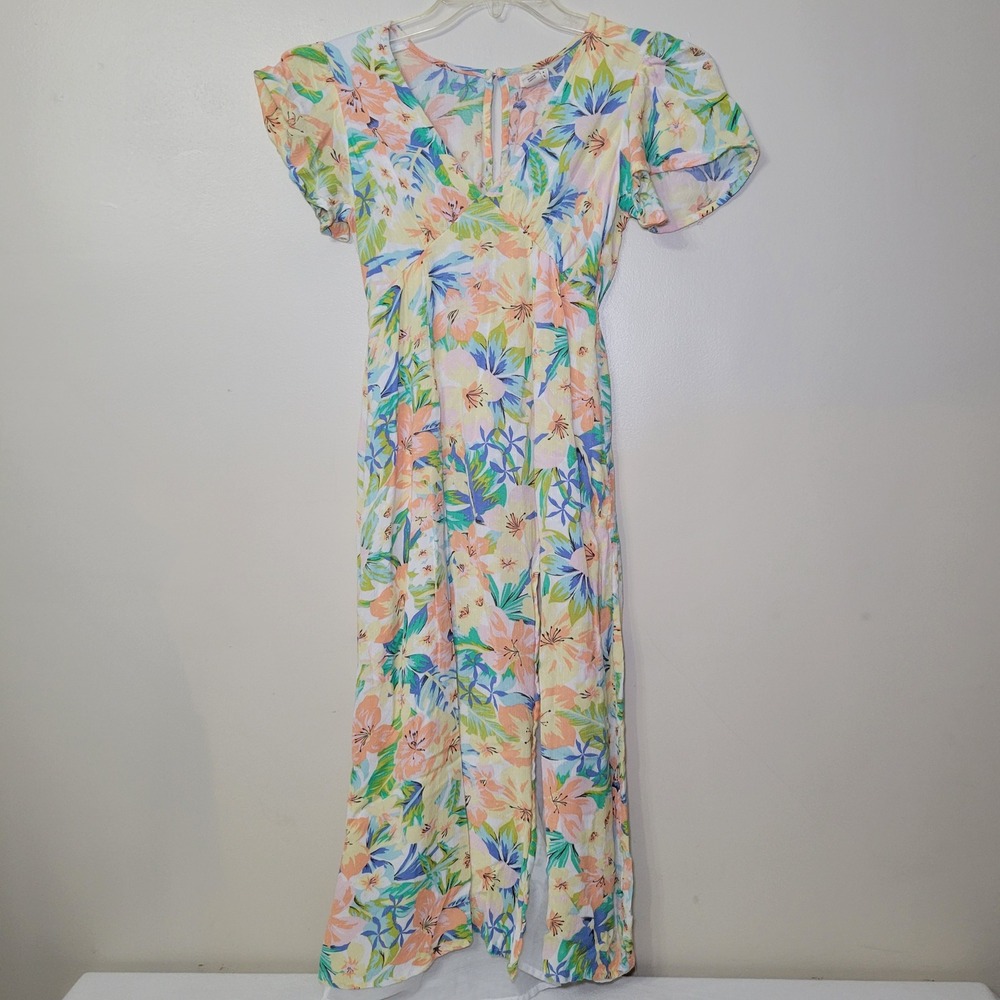 Womens‎ Floral V-Neck Flutter Sleeve Maxi Dress Pastel Tropical Slit XS